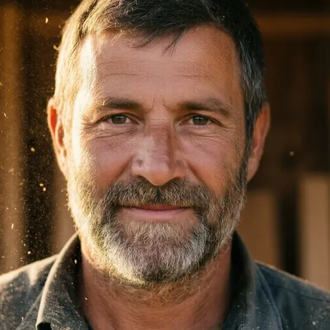 Un charpentier d'environ 60 ans au regard bienveillant se tient dans son atelier de menuiserie, entouré de bois et de copeaux.