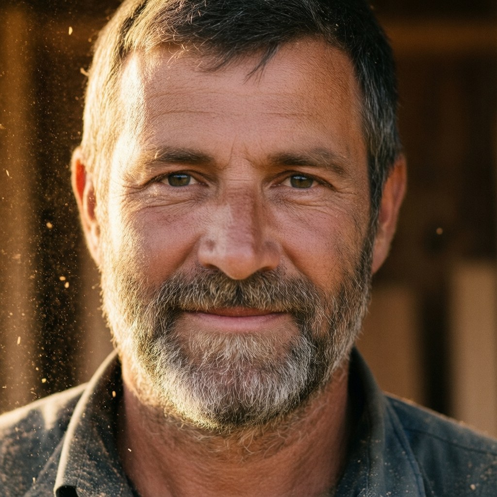 Un charpentier d'environ 60 ans au regard bienveillant se tient dans son atelier de menuiserie, entouré de bois et de copeaux.