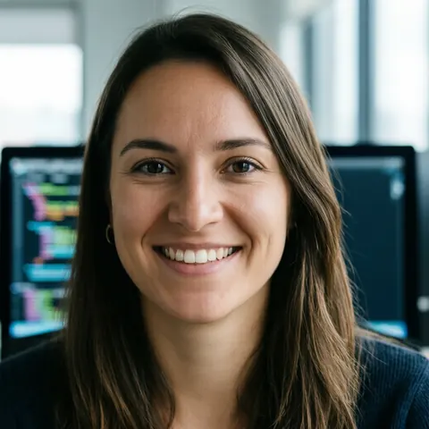 Une développeuse sourit face à l'appareil photo dans un bureau avec des écrans flous en arrière-plan.