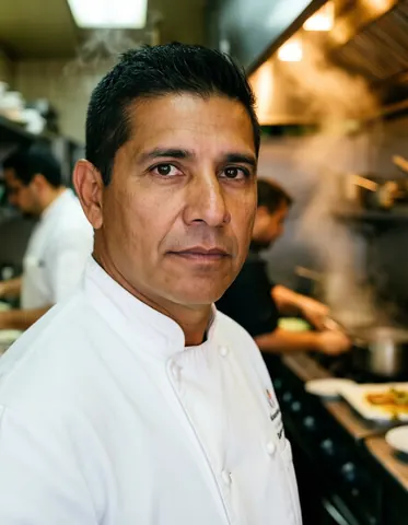 Chef d'environ 45 ans portant une veste blanche dans la cuisine d'un restaurant avec de la vapeur et des lumières chaudes en arrière-plan.