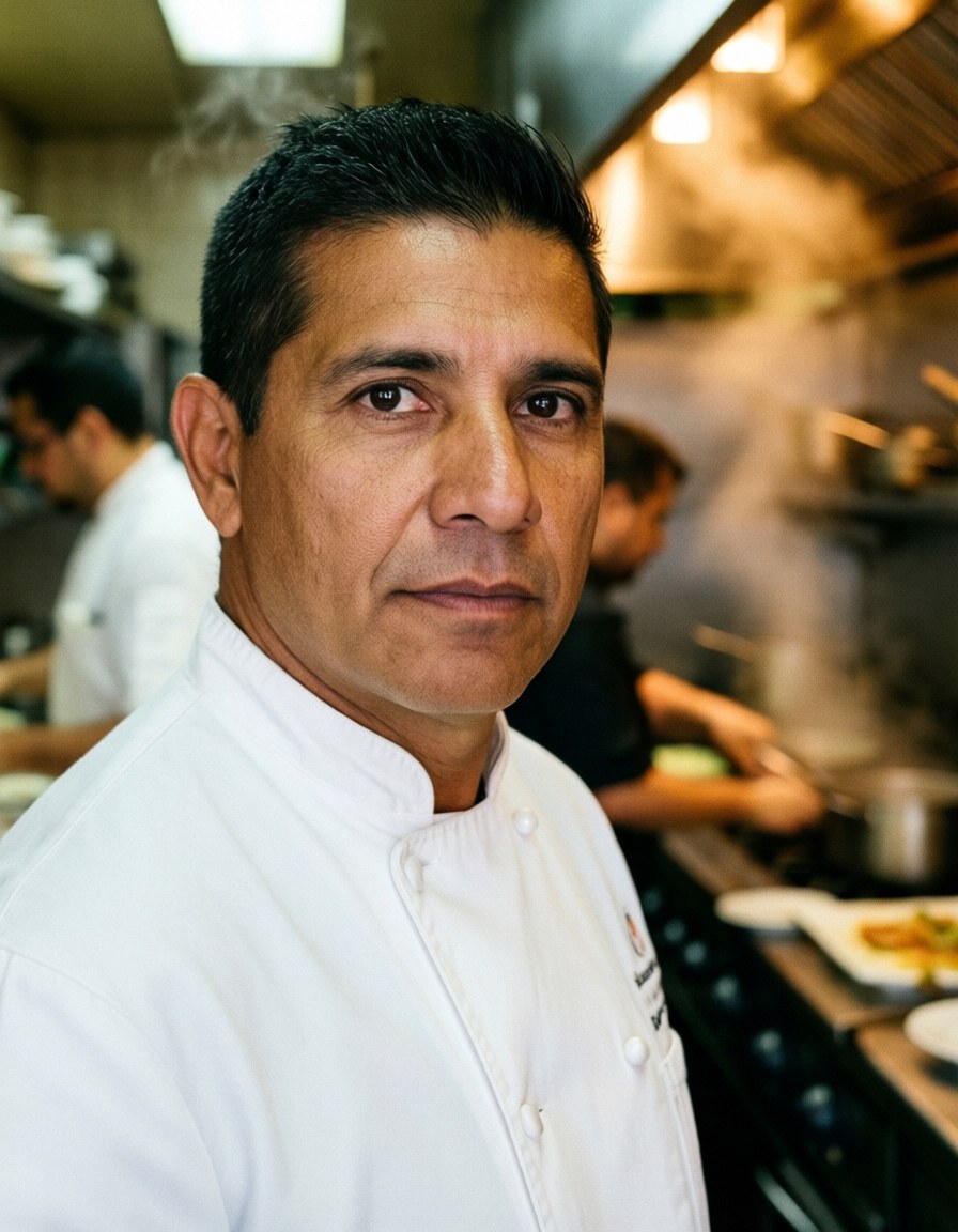 Chef d'environ 45 ans portant une veste blanche dans la cuisine d'un restaurant avec de la vapeur et des lumières chaudes en arrière-plan.