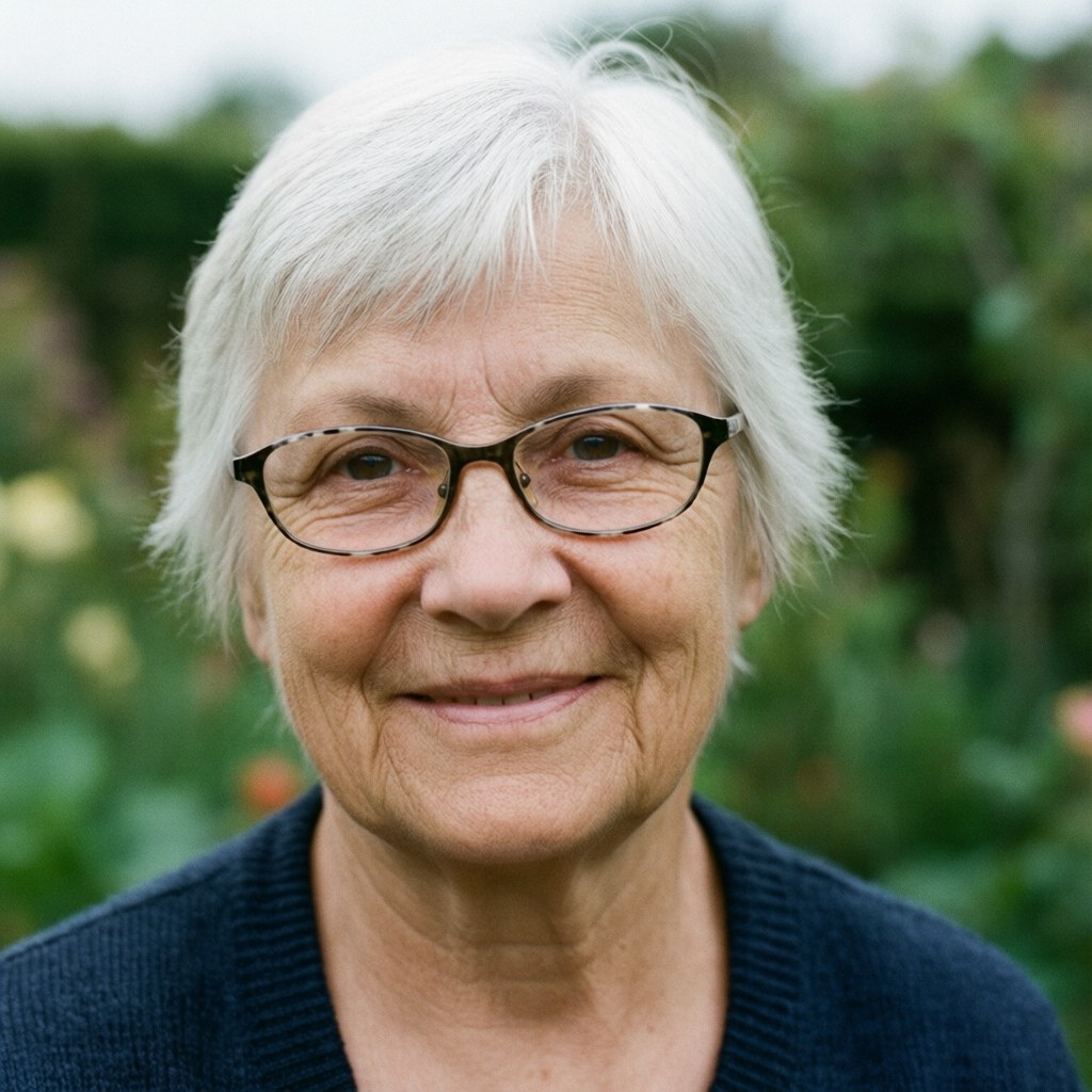 Femme d'environ 70 ans aux cheveux blancs et aux lunettes de lecture souriant dans un jardin éclairé par une lumière douce.