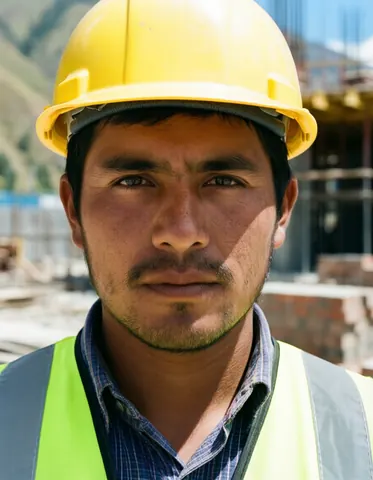 Ingénieur civil d'environ trente ans avec un casque jaune et un gilet de sécurité sur un chantier en construction