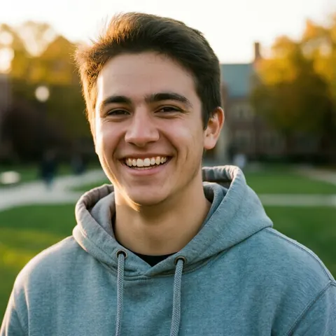 Un jeune homme d'environ vingt-quatre ans portant un sweat-shirt gris rit joyeusement sur un campus universitaire au coucher du soleil.