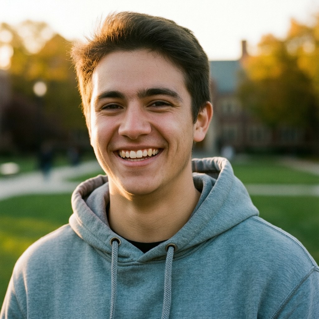 Un jeune homme d'environ vingt-quatre ans portant un sweat-shirt gris rit joyeusement sur un campus universitaire au coucher du soleil.