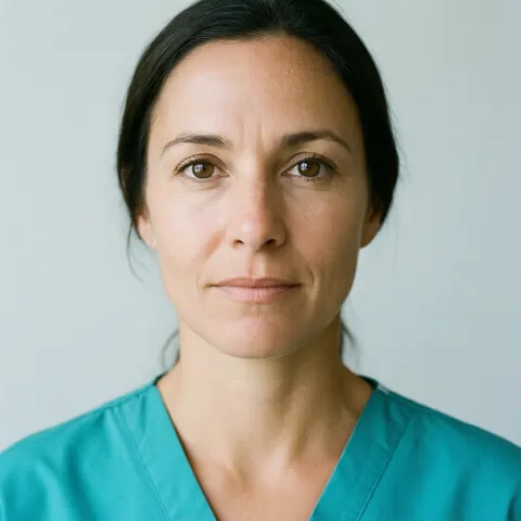 Portrait d'une infirmière d'environ quarante ans portant un uniforme bleu-vert sur un fond gris clair de studio.