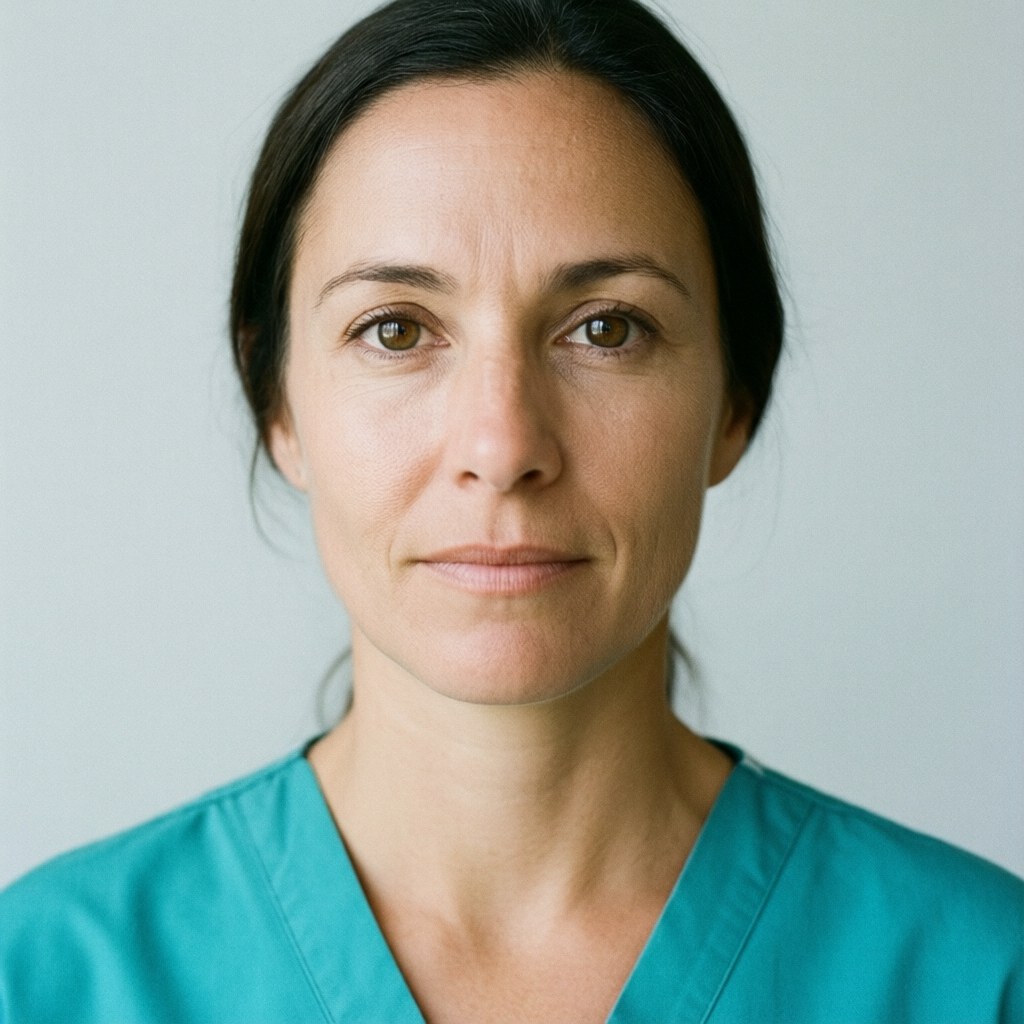Portrait d'une infirmière d'environ quarante ans portant un uniforme bleu-vert sur un fond gris clair de studio.