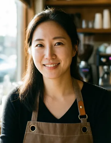 Barista d'environ trente-trois ans portant un tablier marron, souriant derrière le comptoir d'un petit café baigné de lumière matinale.