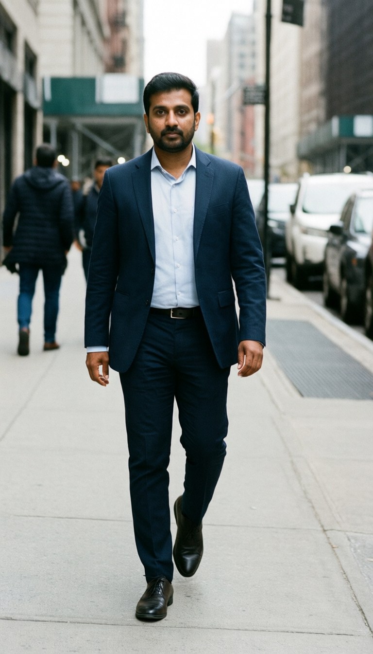 Un homme d'environ 38 ans vêtu d'une tenue de bureau marche sur un trottoir urbain par temps nuageux.