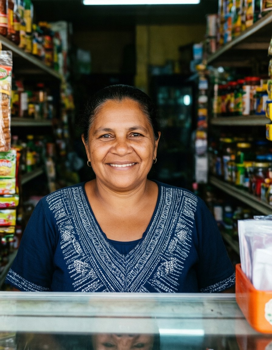 Femme d'environ 60 ans, propriétaire d'un commerce local, sourit derrière le comptoir avec des étagères de produits en arrière-plan.