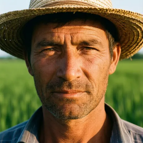 Un agriculteur portant un chapeau de paille se tient dans un champ vert.