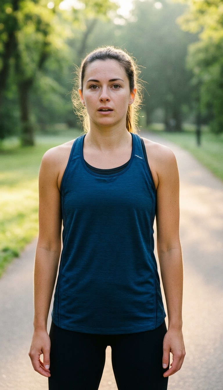 Femme d'environ vingt-sept ans vêtue de vêtements de sport sur un sentier de parc le matin, reprenant son souffle.