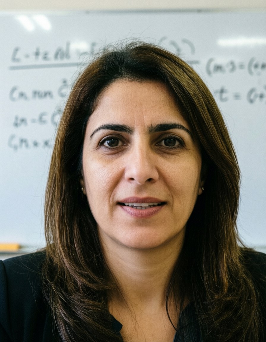 Une professeure d'environ 44 ans se tient devant un tableau noir rempli d'équations dans une salle de classe universitaire.