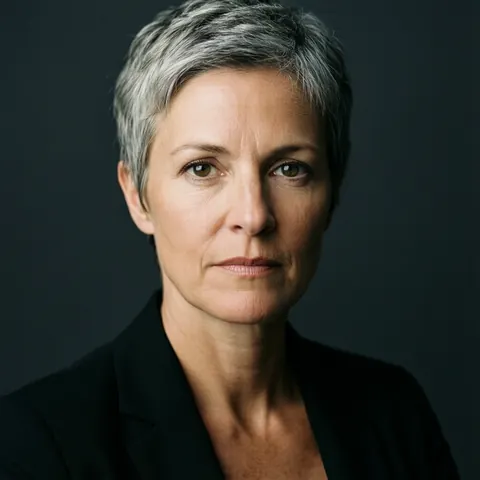 Une dirigeante d'environ 57 ans aux cheveux courts et gris, portant un blazer noir sur fond sombre, avec une expression sérieuse.