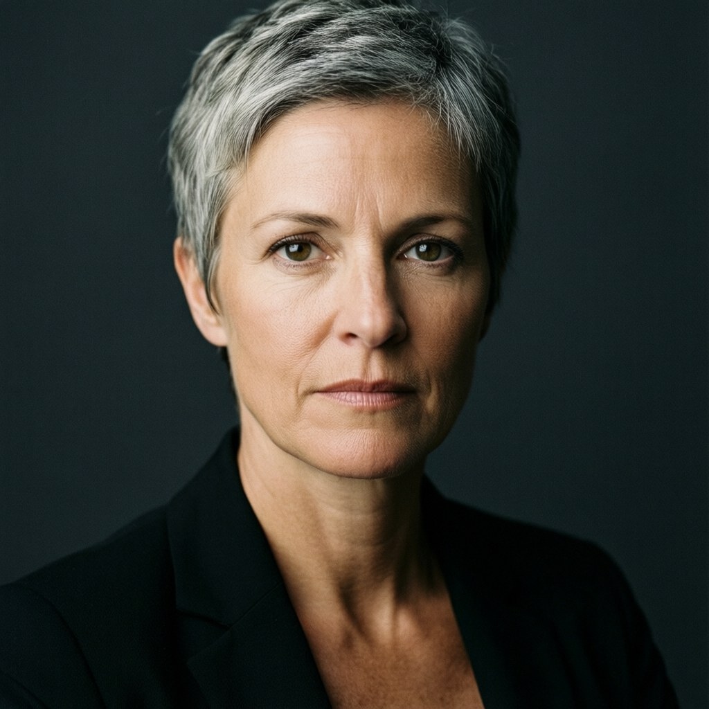 Une dirigeante d'environ 57 ans aux cheveux courts et gris, portant un blazer noir sur fond sombre, avec une expression sérieuse.