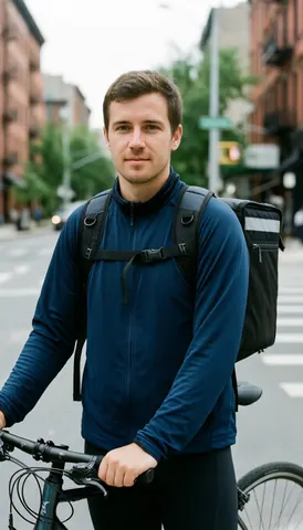 Un livreur d'environ 29 ans avec un sac de livraison debout à côté de son vélo dans une rue de la ville.