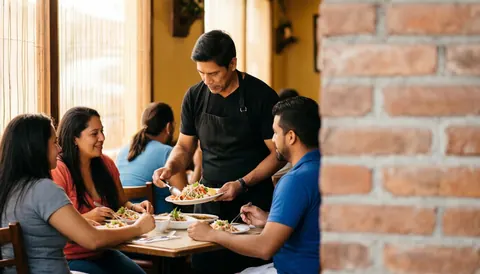 Serveur en tablier noir servant du ceviche à des amis dans un restaurant familial avec un mur de briques libre à droite pour un titre.
