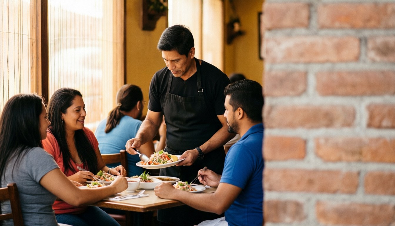 Serveur en tablier noir servant du ceviche à des amis dans un restaurant familial avec un mur de briques libre à droite pour un titre.