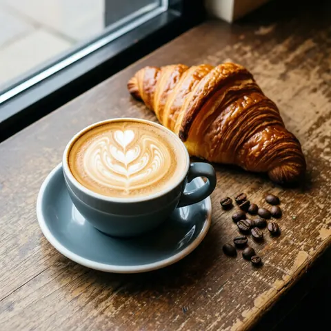 Vue de dessus d'un cappuccino orné d'art latte accompagné d'un croissant posé sur une surface en bois parsemée de grains de café.
