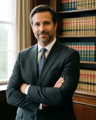 Avocat d'environ 47 ans en costume gris, bras croisés, dans un bureau avec des étagères de livres juridiques en arrière-plan.