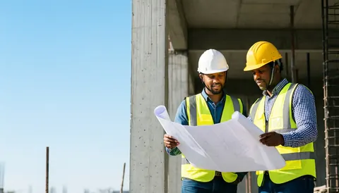 Deux ouvriers portant casques et gilets de sécurité consultent des plans sur un chantier, avec un ciel bleu libre à gauche pour insérer un titre.