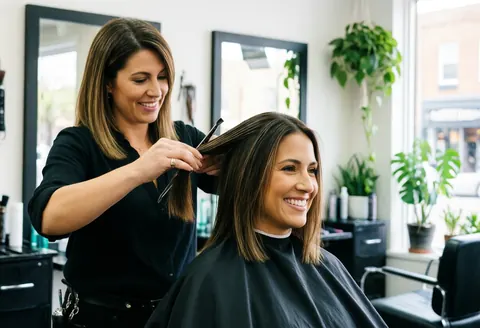 Un coiffeur travaille les cheveux d'une cliente souriante dans un salon de coiffure lumineux et verdoyant.
