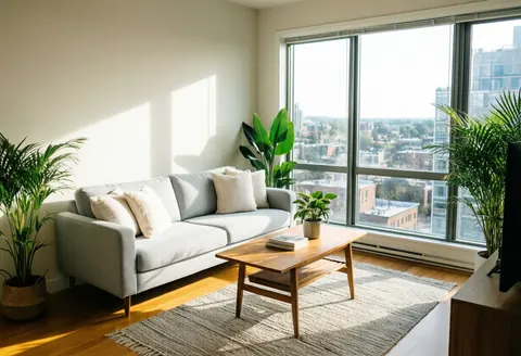 Salon lumineux d'un appartement en vente avec canapé gris, table en bois, plantes et grandes fenêtres offrant une vue sur la ville.