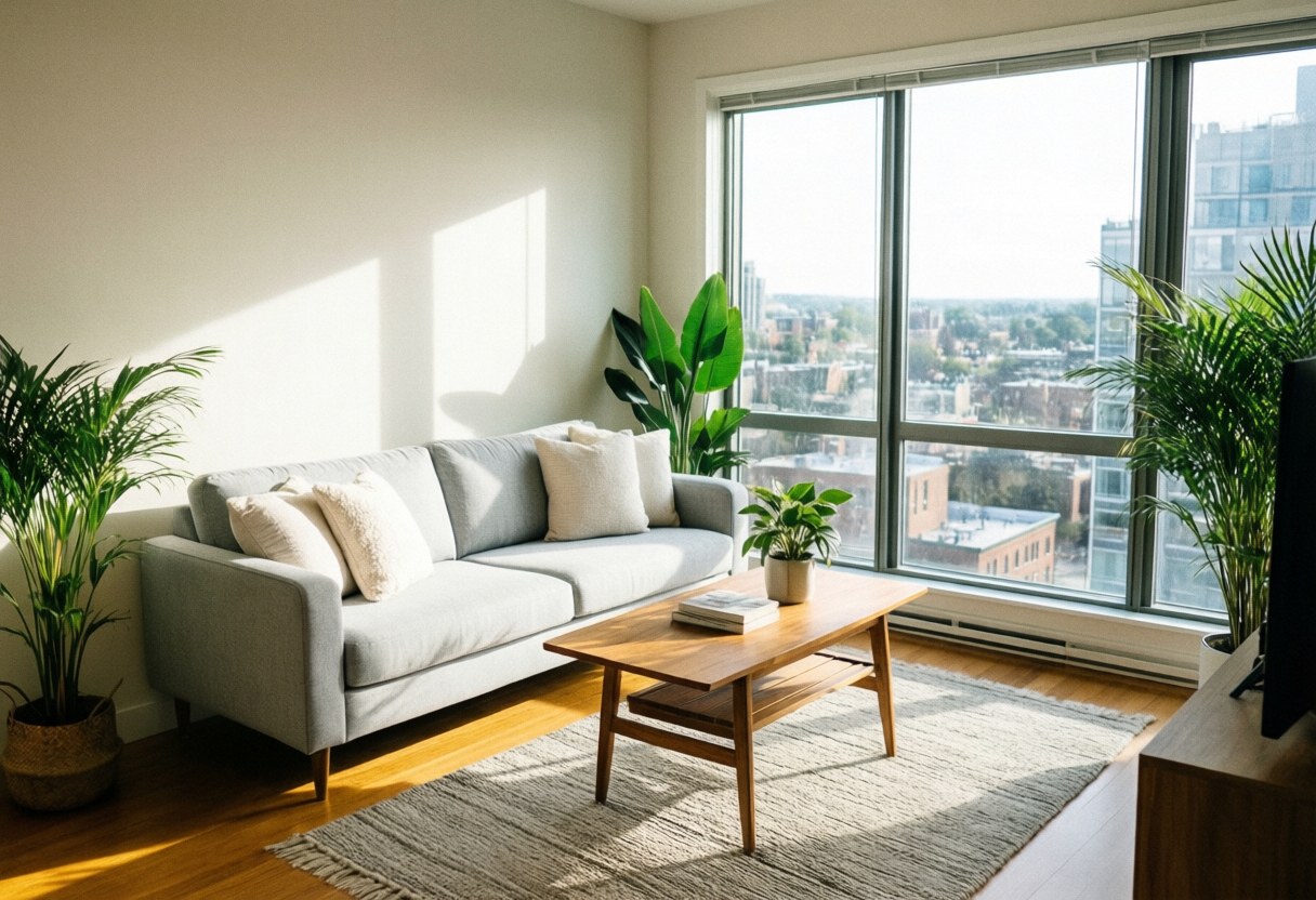 Salon lumineux d'un appartement en vente avec canapé gris, table en bois, plantes et grandes fenêtres offrant une vue sur la ville.