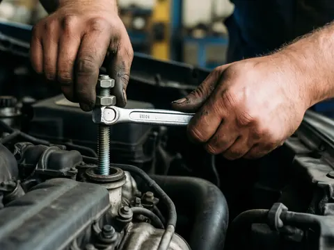 Gros plan sur les mains d'un mécanicien utilisant une clé pour serrer un boulon sur le moteur d'une voiture.