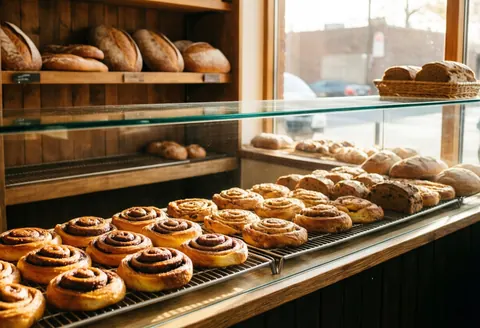 Intérieur d'une petite boulangerie avec une vitrine remplie de pain, de pains aux cannelle et de pâtisseries baignées de lumière matinale.
