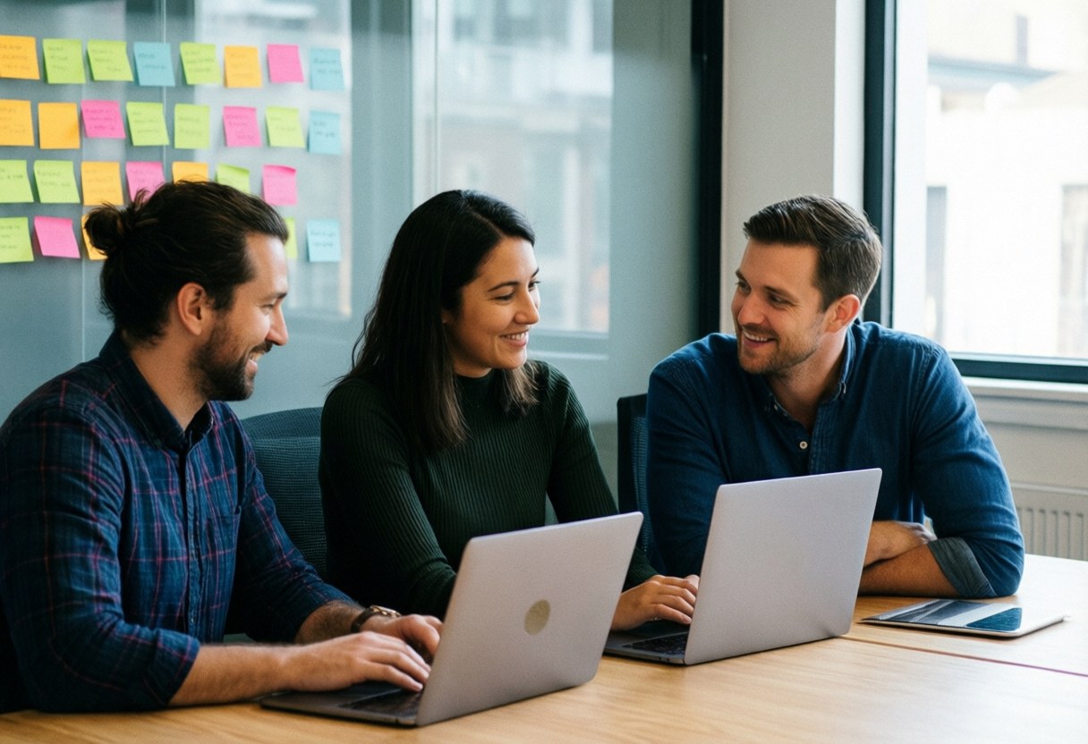 Trois personnes d'environ trente ans travaillent avec des ordinateurs portables sur une table dans un bureau de startup, avec des notes adhésives au mur.