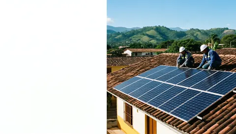 Deux techniciens posent des panneaux solaires sur un toit en tuiles avec des montagnes et un ciel clair en arrière-plan.
