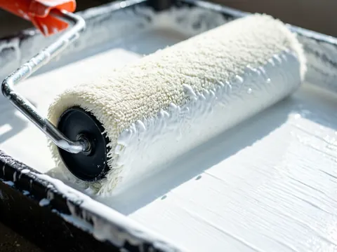 Détails d'un rouleau de peinture blanc chargé avec de la peinture blanche dans un récipient, montrant la texture et des gouttes visibles.