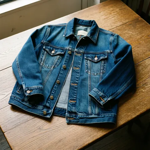 Une veste en jean bleu est disposée sur une table en bois, éclairée par une lumière naturelle, mettant en valeur des détails réalistes et épurés.