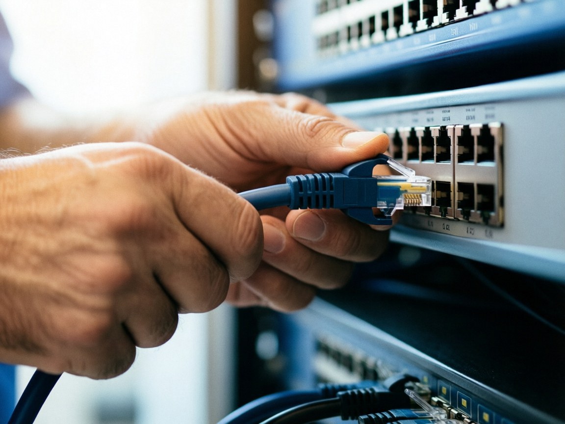 Mains d'un technicien connectant un câble Ethernet à un commutateur réseau dans un environnement de bureau.
