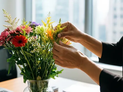 Des mains disposant avec soin un bouquet de fleurs colorées dans un vase sur une table de bureau, éclairé par la lumière naturelle avec un fond flou.