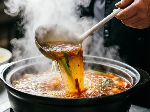 Détails de texture et mouvement de la vapeur s'échappant d'une soupe chaude servie par un cuisinier dans un food truck
