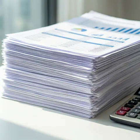 Pile de documents comptables avec graphiques et une calculatrice sur une table blanche, éclairage naturel.