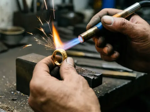 Un artisan travaille sur une bague en or dans son atelier, avec des étincelles et des outils visibles autour.
