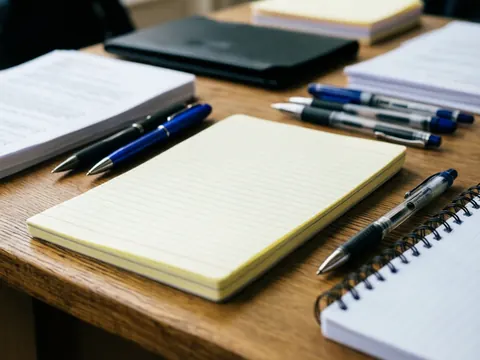 Cahier jaune et stylos posés sur une table en bois, avec des documents et des classeurs en arrière-plan, évoquant une scène de bureau.