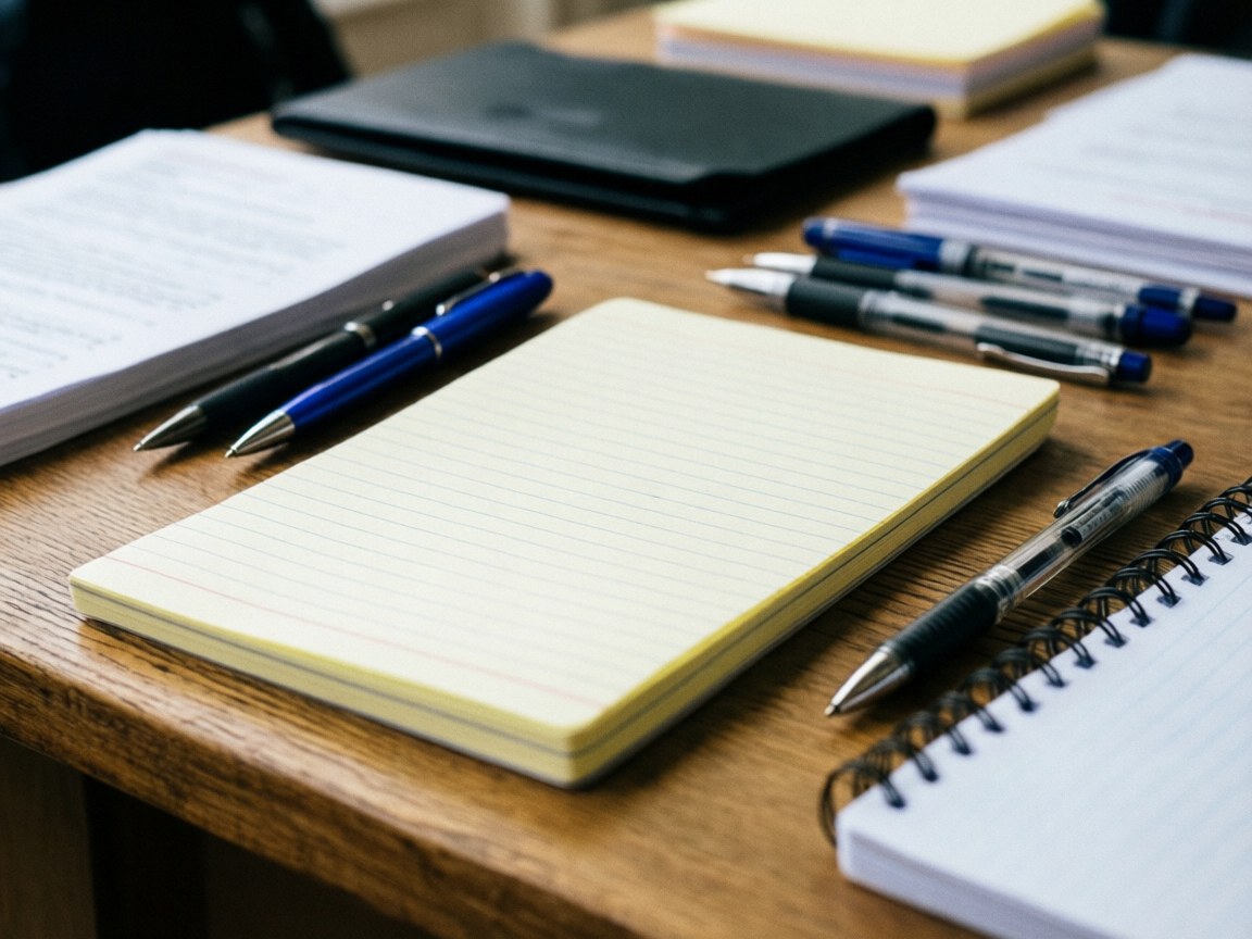 Cahier jaune et stylos posés sur une table en bois, avec des documents et des classeurs en arrière-plan, évoquant une scène de bureau.
