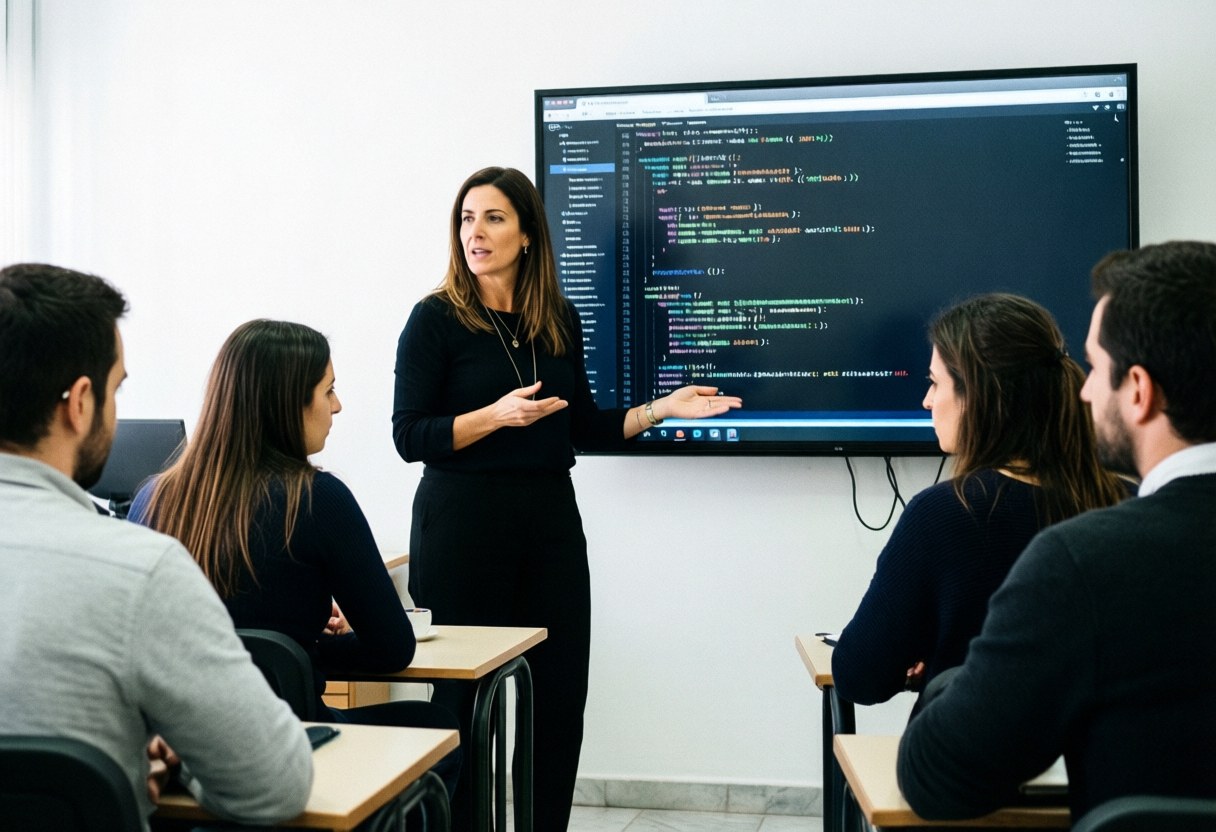 Une formatrice enseigne la programmation à des adultes en classe, avec du code visible sur un grand écran.
