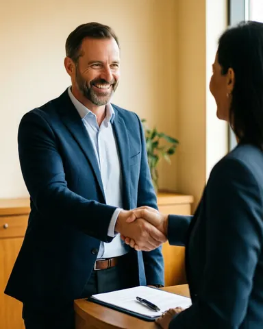 Un client et un fournisseur échangent une poignée de main avec des sourires sincères dans un environnement professionnel chaleureux.