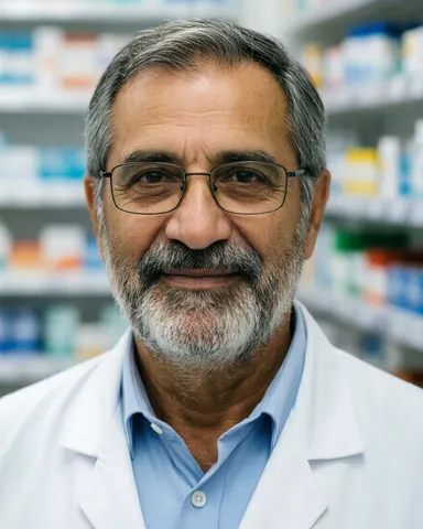 Portrait d'un pharmacien mûr avec une barbe et des lunettes, souriant dans une pharmacie avec des étagères de médicaments en arrière-plan flou.