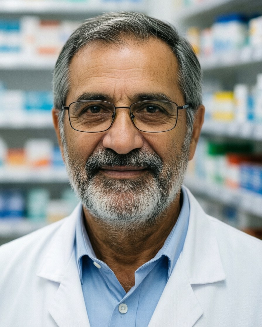 Portrait d'un pharmacien mûr avec une barbe et des lunettes, souriant dans une pharmacie avec des étagères de médicaments en arrière-plan flou.