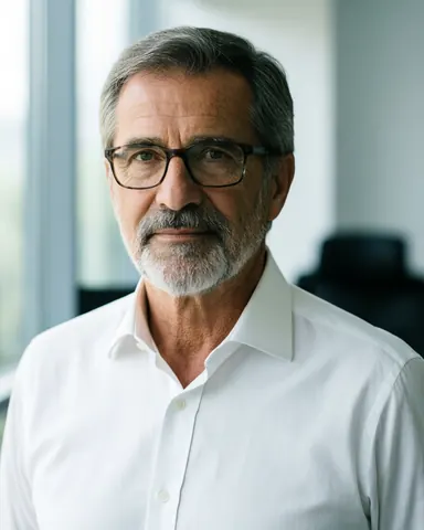 Directeur de déménagement en bureau avec lunettes, chemise blanche et barbe grise, regardant l'objectif avec une expression professionnelle.
