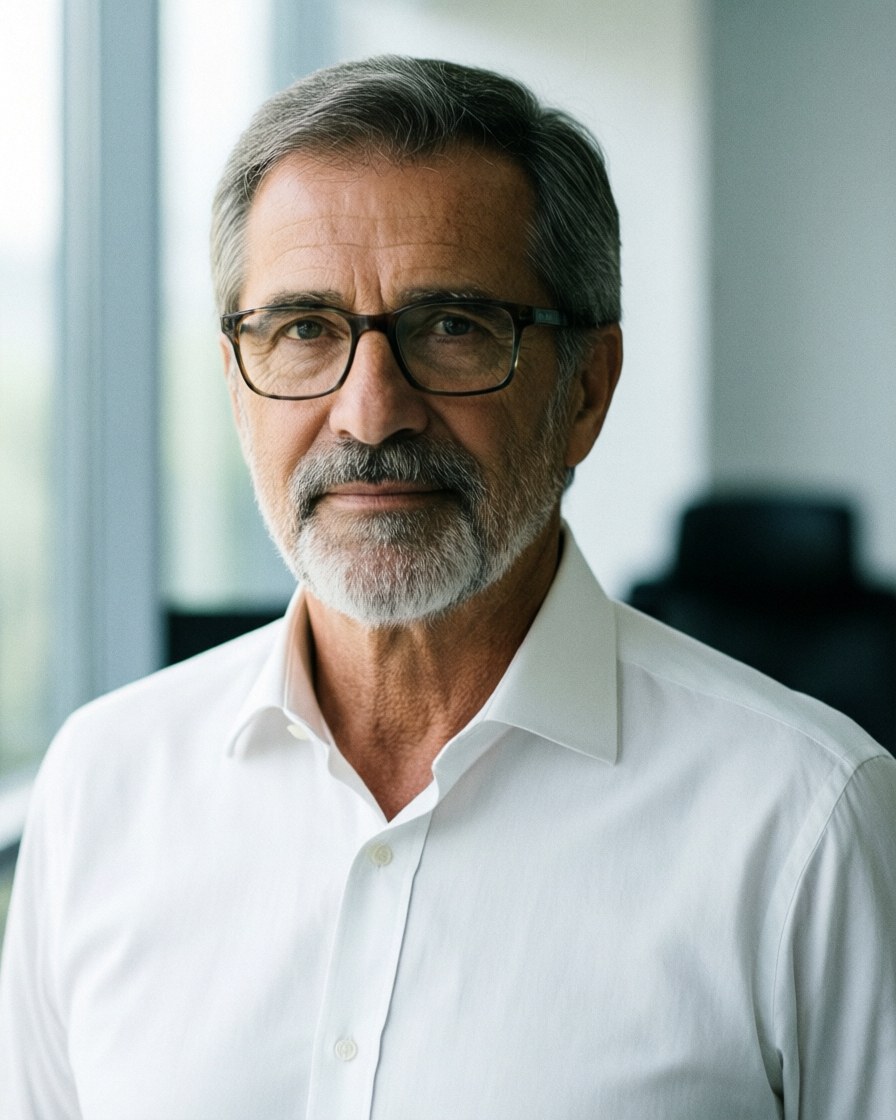 Directeur de déménagement en bureau avec lunettes, chemise blanche et barbe grise, regardant l'objectif avec une expression professionnelle.