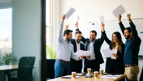 Une équipe de vente célèbre dans un bureau moderne avec des documents, du café et un tableau blanc, évoquant le succès.