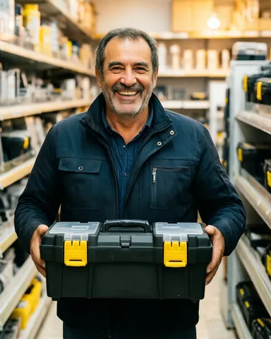 Un homme heureux tient une nouvelle boîte à outils dans un magasin de bricolage avec des étagères en arrière-plan.