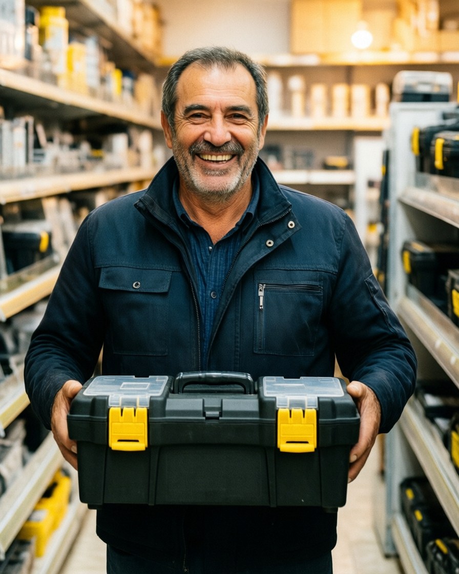 Un homme heureux tient une nouvelle boîte à outils dans un magasin de bricolage avec des étagères en arrière-plan.